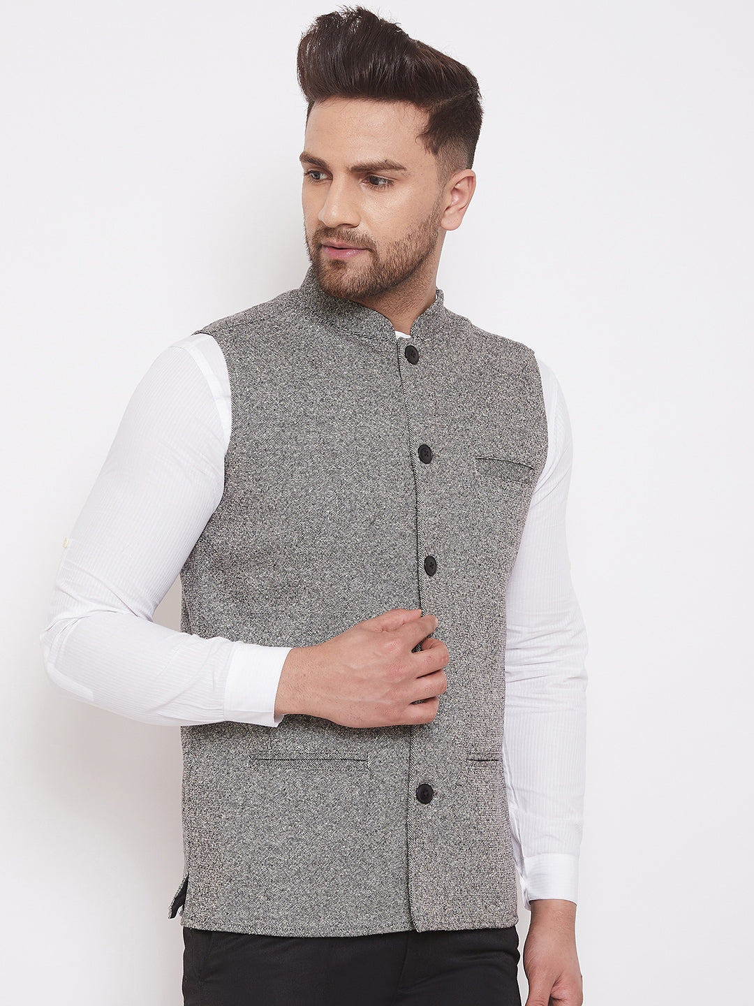 Men's Solid Grey Wool Nehru Jacket - Even Apparels