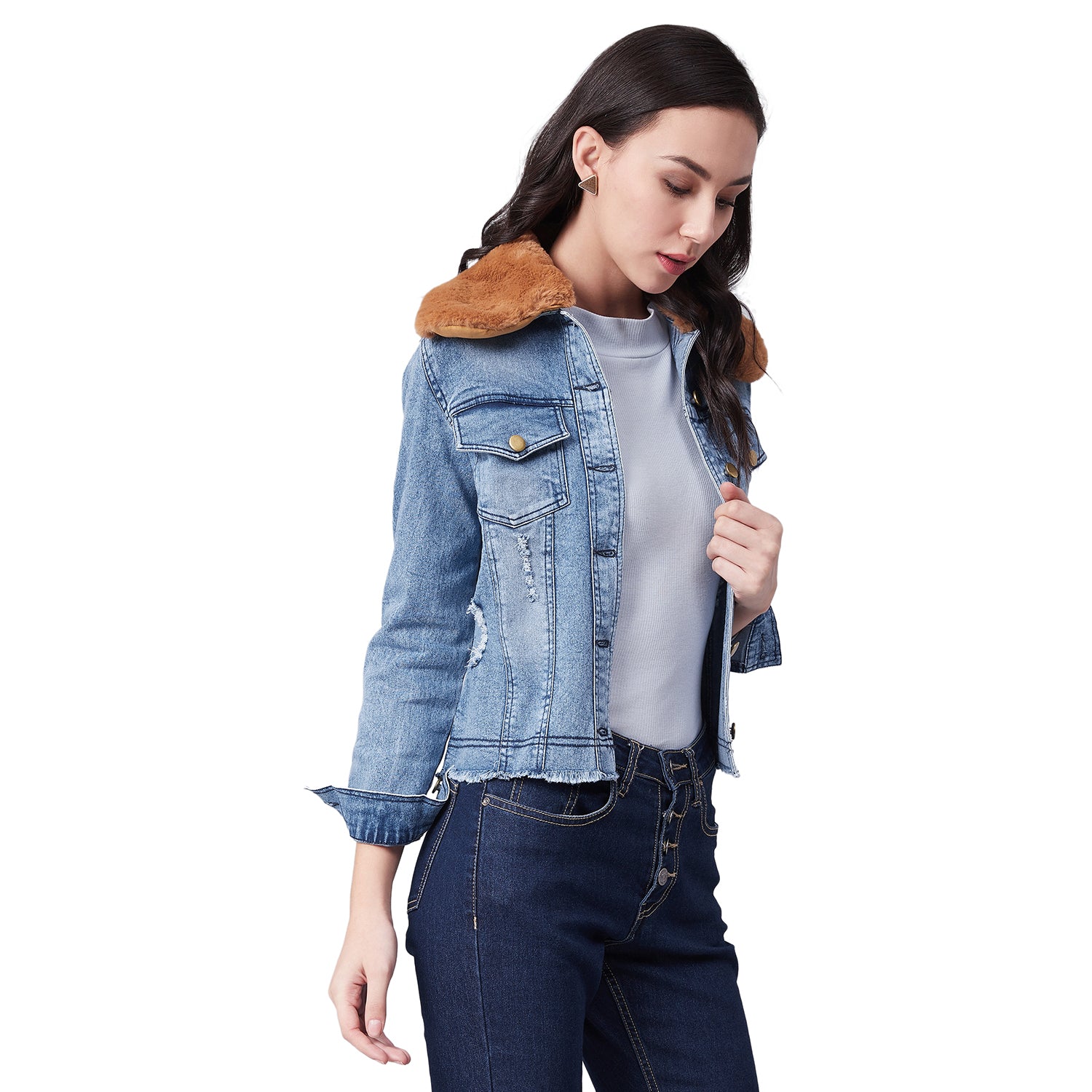 Women's Distressed Denim Jacket with Detachable Brown Fur Collar - StyleStone