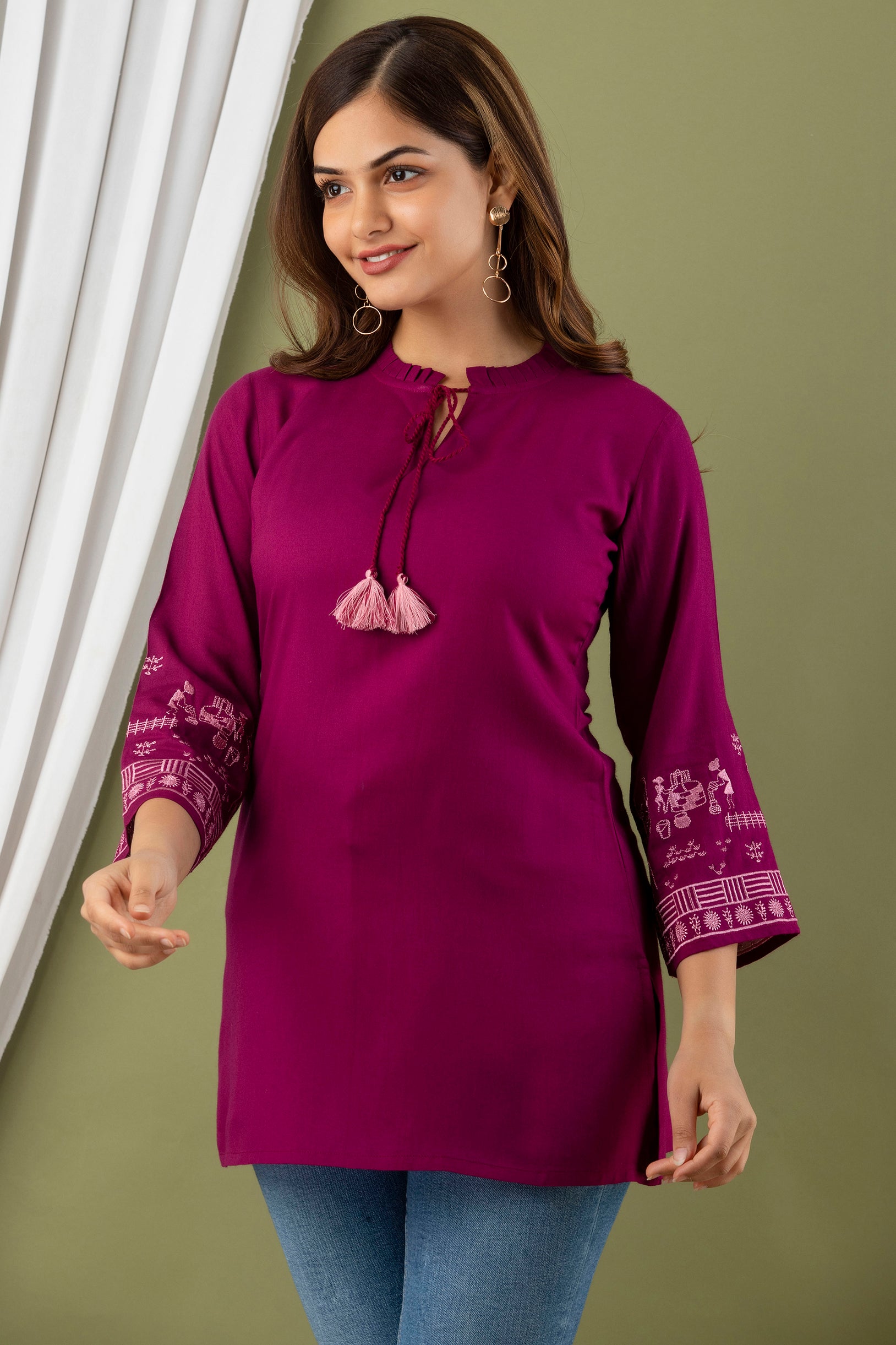 Women's Wine Color Embroidered Top - Misskurti