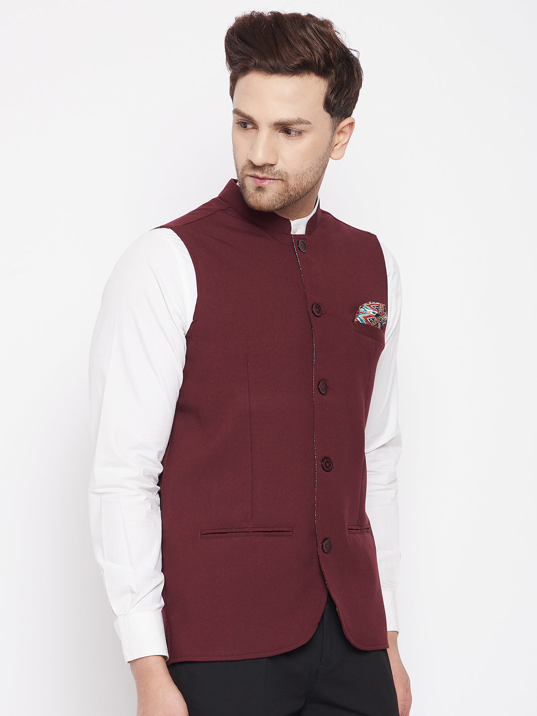 Men's Maroon Color Nehru Jacket-Contrast Lining-Inbuilt Pocket Square - Even Apparels