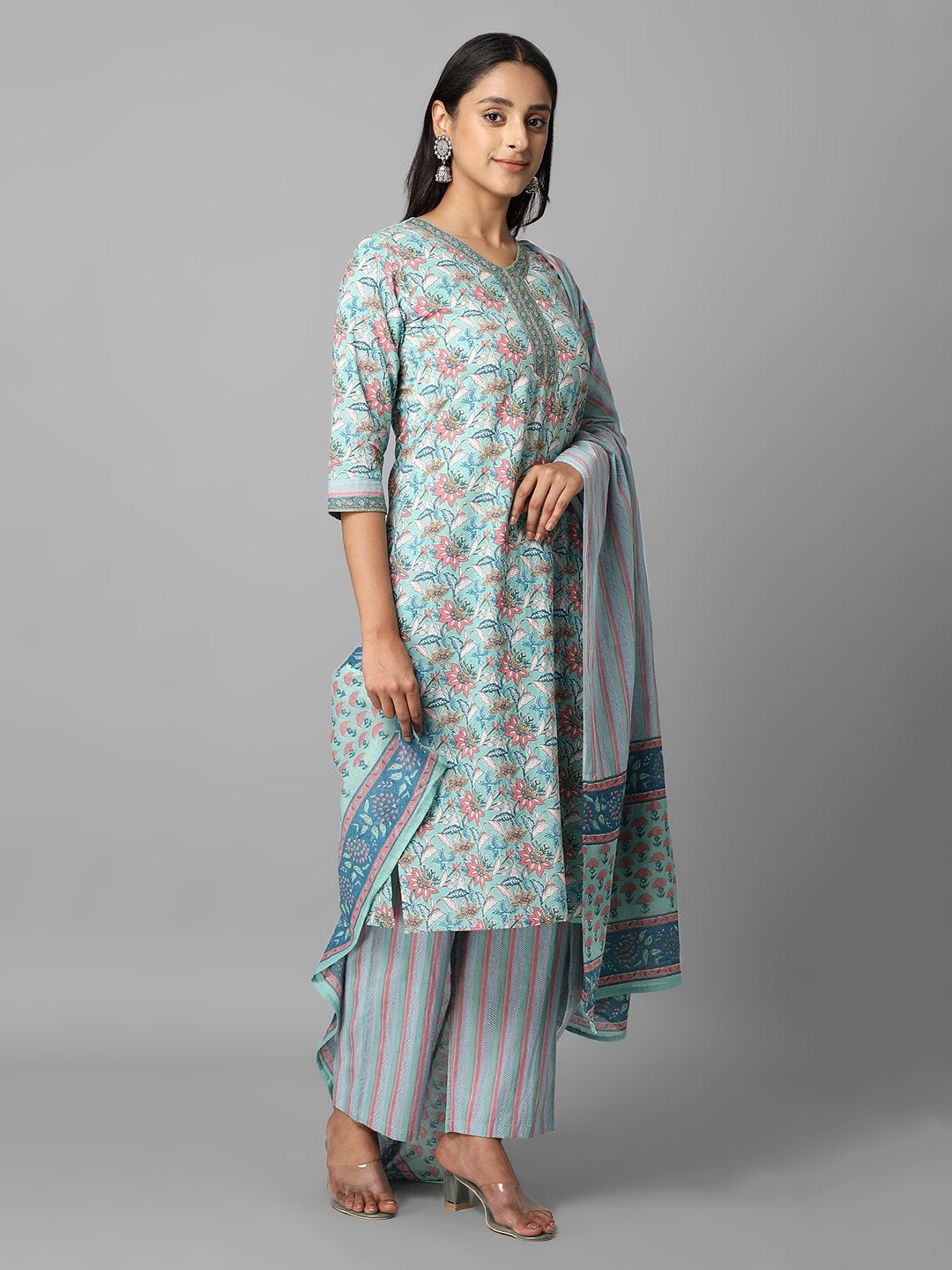 Women's Green And Pink Floral Printed Side Slit Straight Kurta With Palazzo And Duapatta Set - Azira