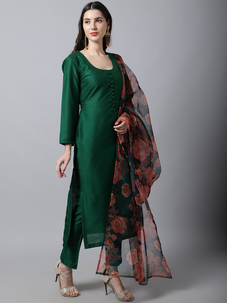 Women's Sizzling Green Kurti With Pants And Printed Dupatta