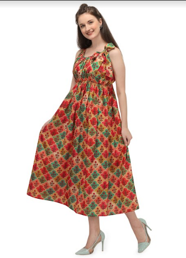 Women's Orange Geometric Digital Printed Ankle Length Tunic Dress - MESMORA FASHIONS