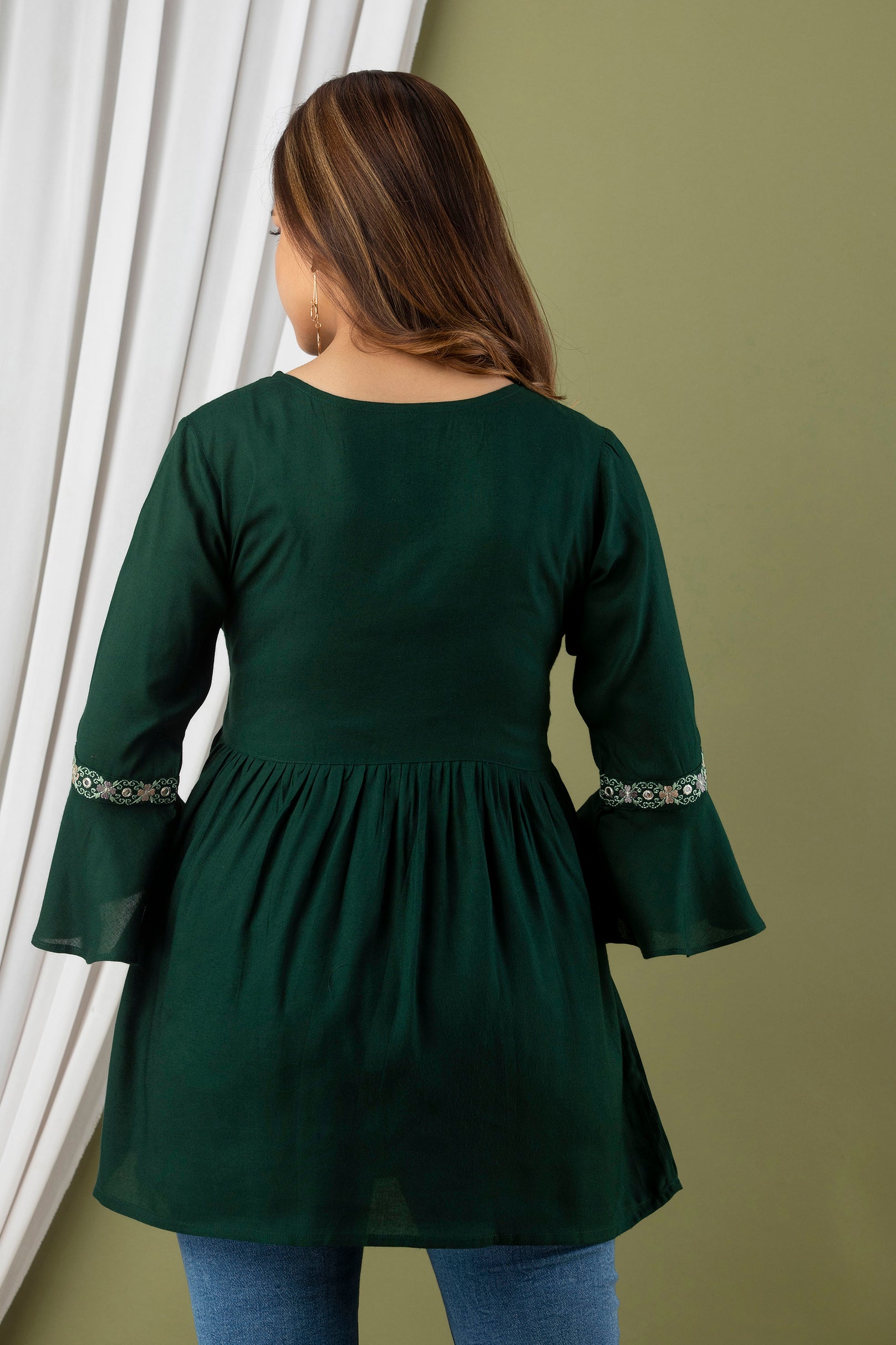 Women's Dark Green Bell Sleeve Top - Misskurti