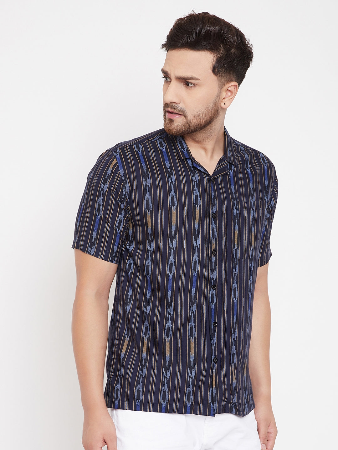 Men's Navy Blue Cuban Collar Shirt