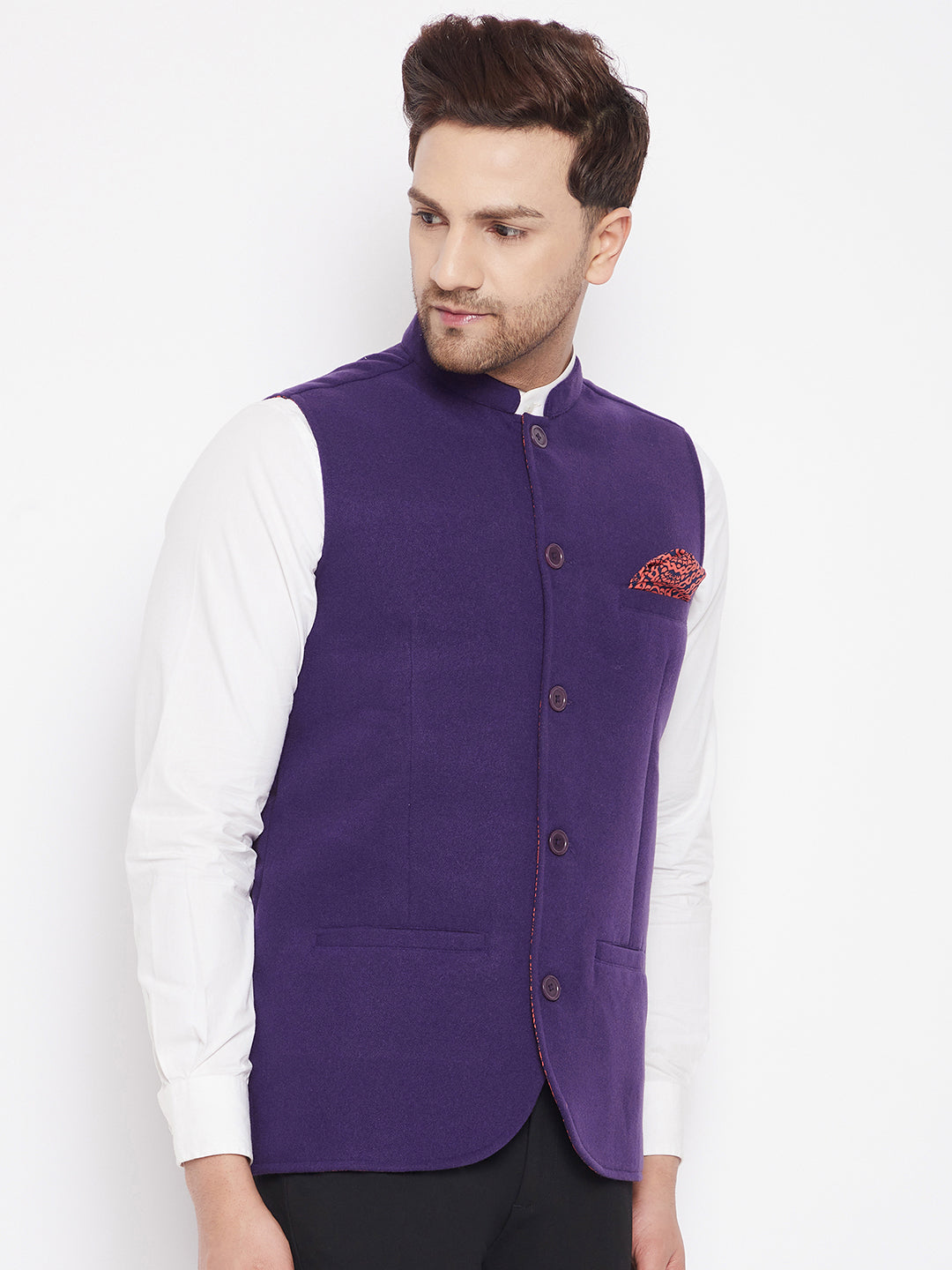 Men's Purple Color Nehru Jacket-Contrast Lining-Inbuilt Pocket Square - Even Apparels