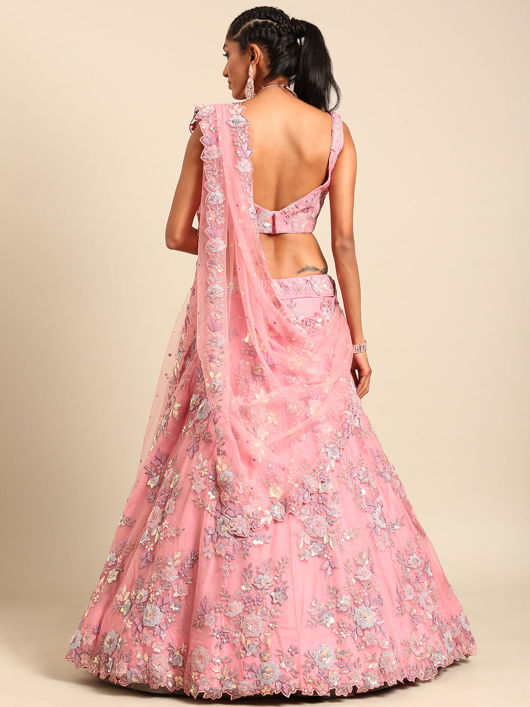 Women's Pink Net Sequins With Heavy Zarkan Embroidery Ready To Wear  Lehenga Choli & Dupatta - Royal Dwells