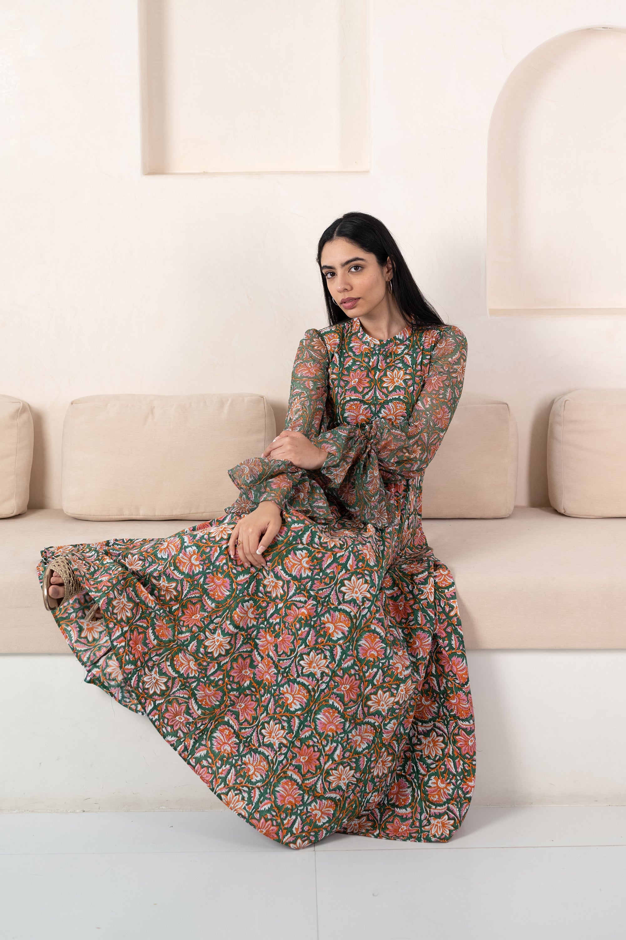 Green Floral Printed Gown For Women By Saras The Label- (1Pc Set)
