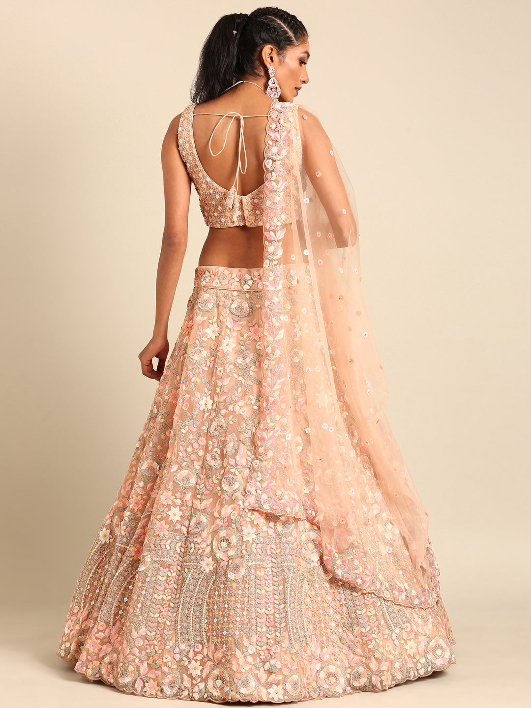 Women 's Peach Net Multi Sequins with heavy Zarkan embroidery Ready to Wear Lehenga choli & Dupatta - Royal Dwells