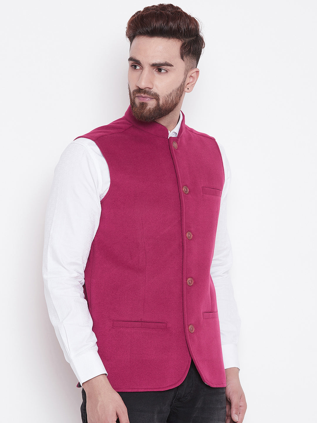 Men's Pink Blended Wool Nehru Jacket - Even Apparels