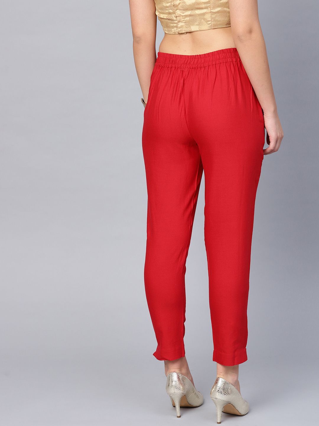 Women's Red Cotton Solid Cigarette Pants - Juniper