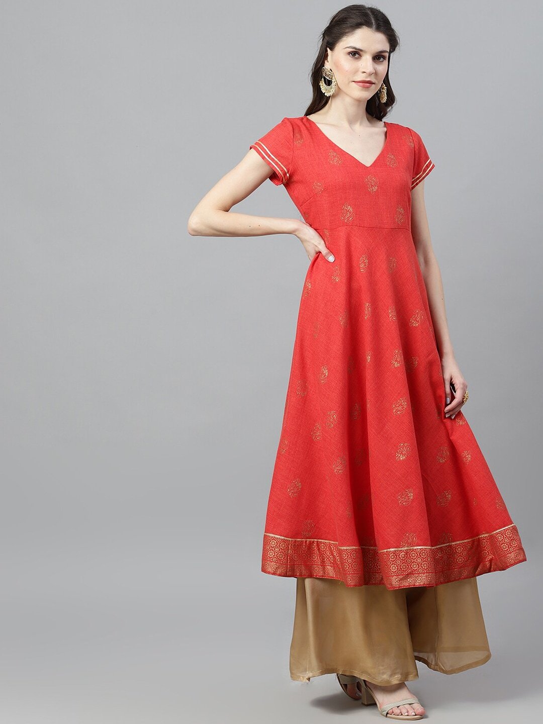 Women's  Red & Gold-Toned Woven Design Anarkali Kurta - AKS