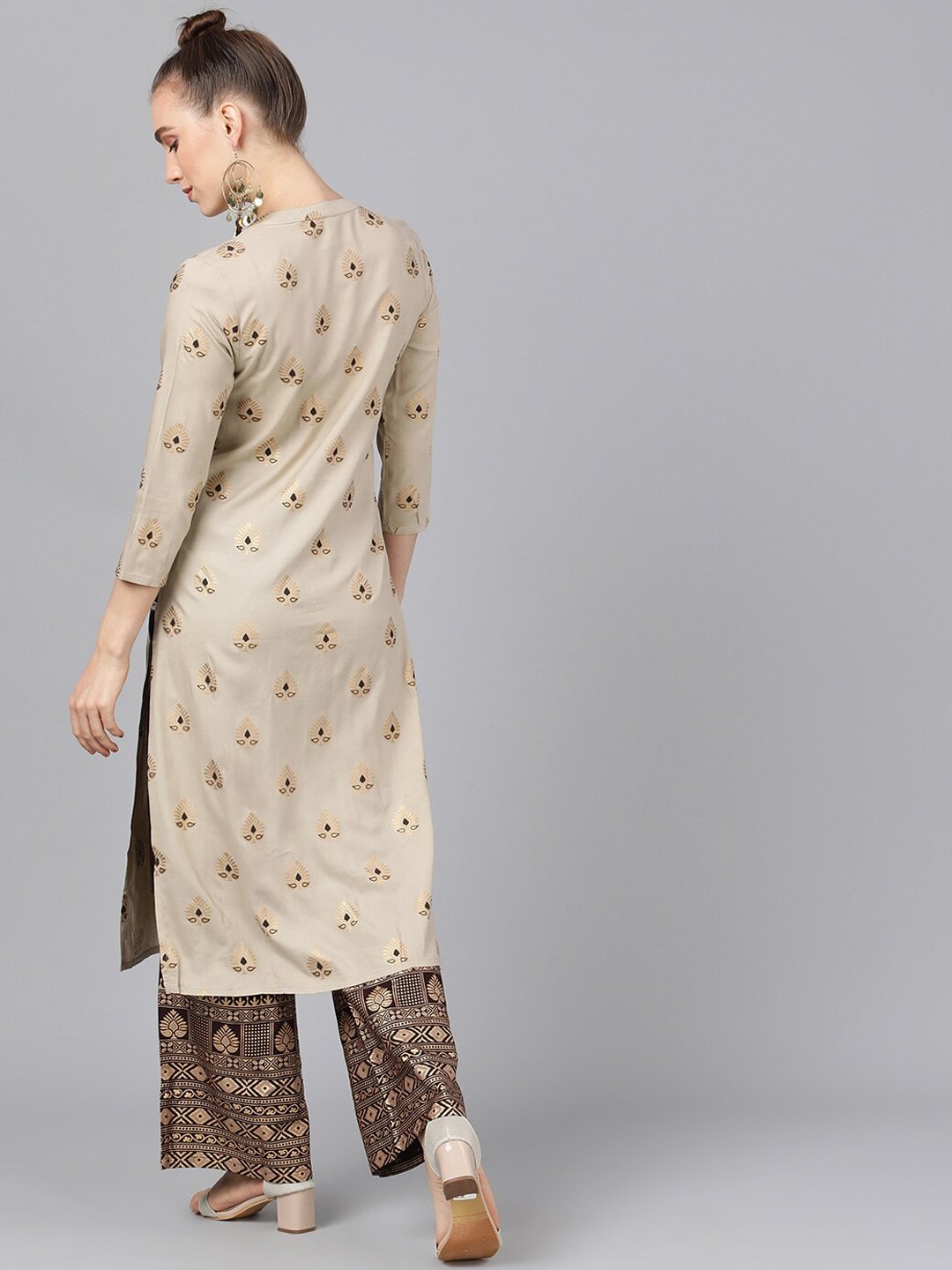 Women's  Nude-Coloured & Brown Foil Printed Kurta with Palazzos - AKS