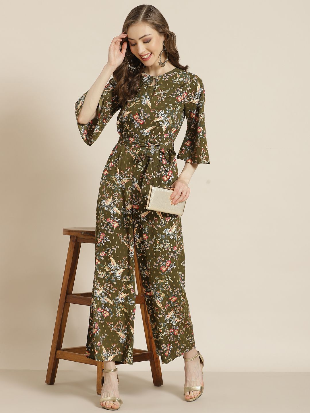 Women's Olive Micro Poly Printed Jumpsuit with Tie-up - Juniper