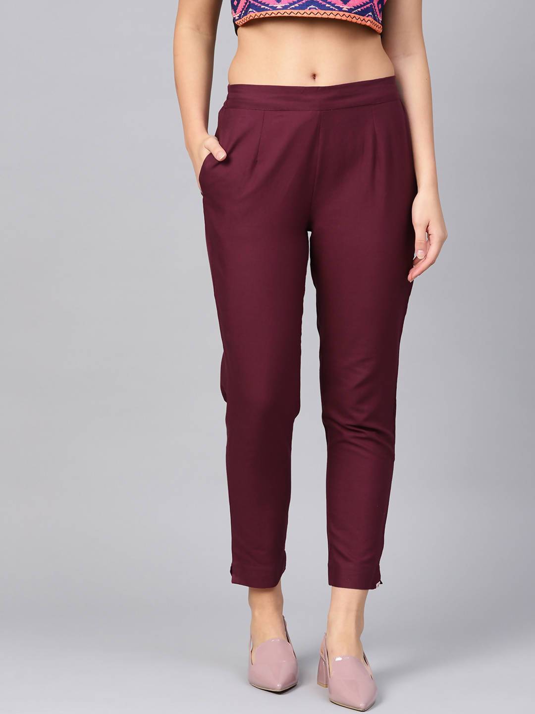 Buy_Women's_Burgundy_Cotton_Solid_Straight_Pants_Online_Trendia