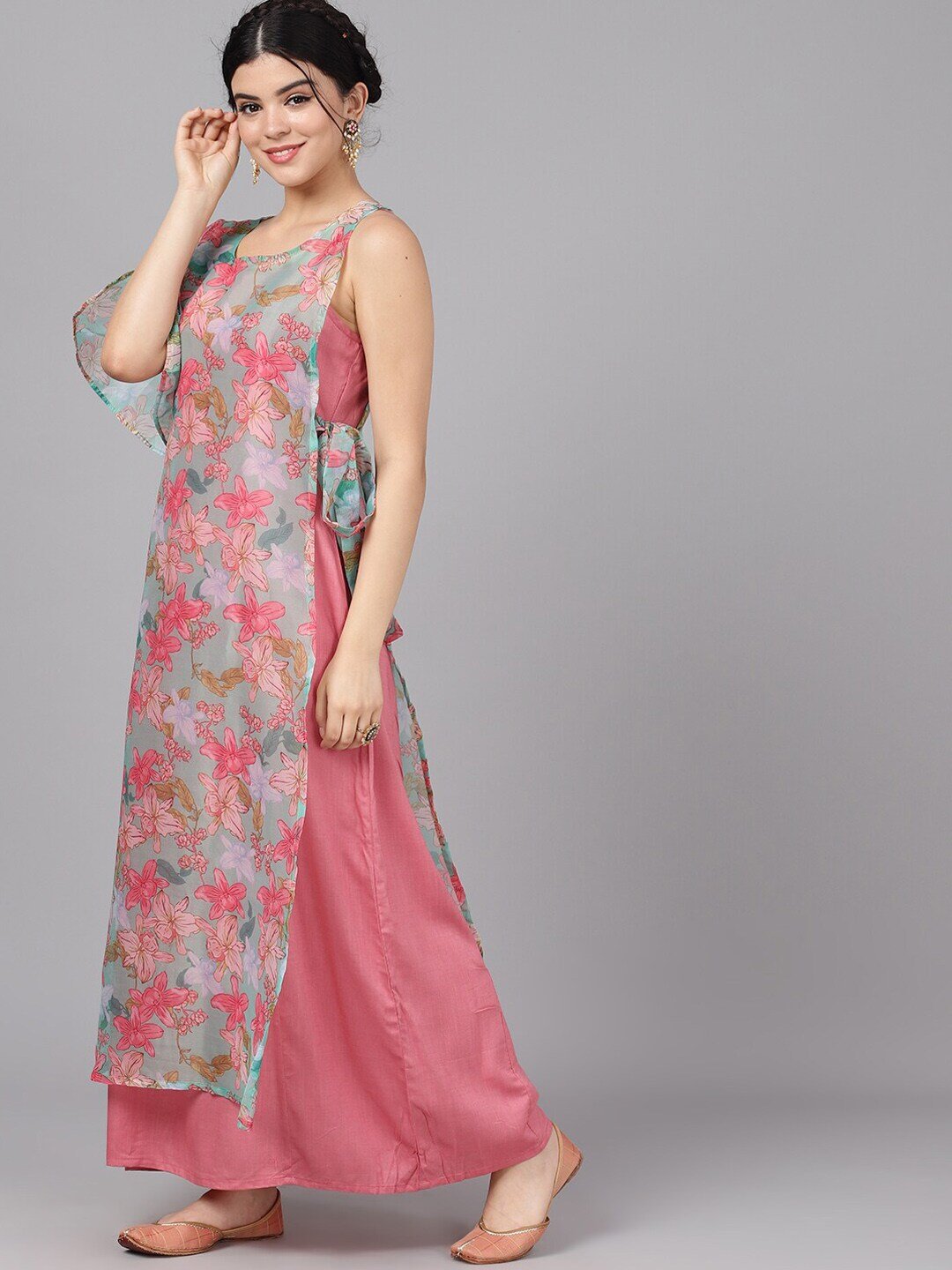 Women's  Pink Floral Print Layered Maxi Dress - AKS