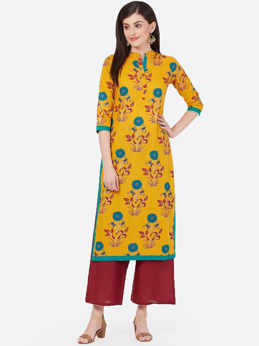 Women's Mustard Yellow & Blue Printed Straight Kurta - Meeranshi