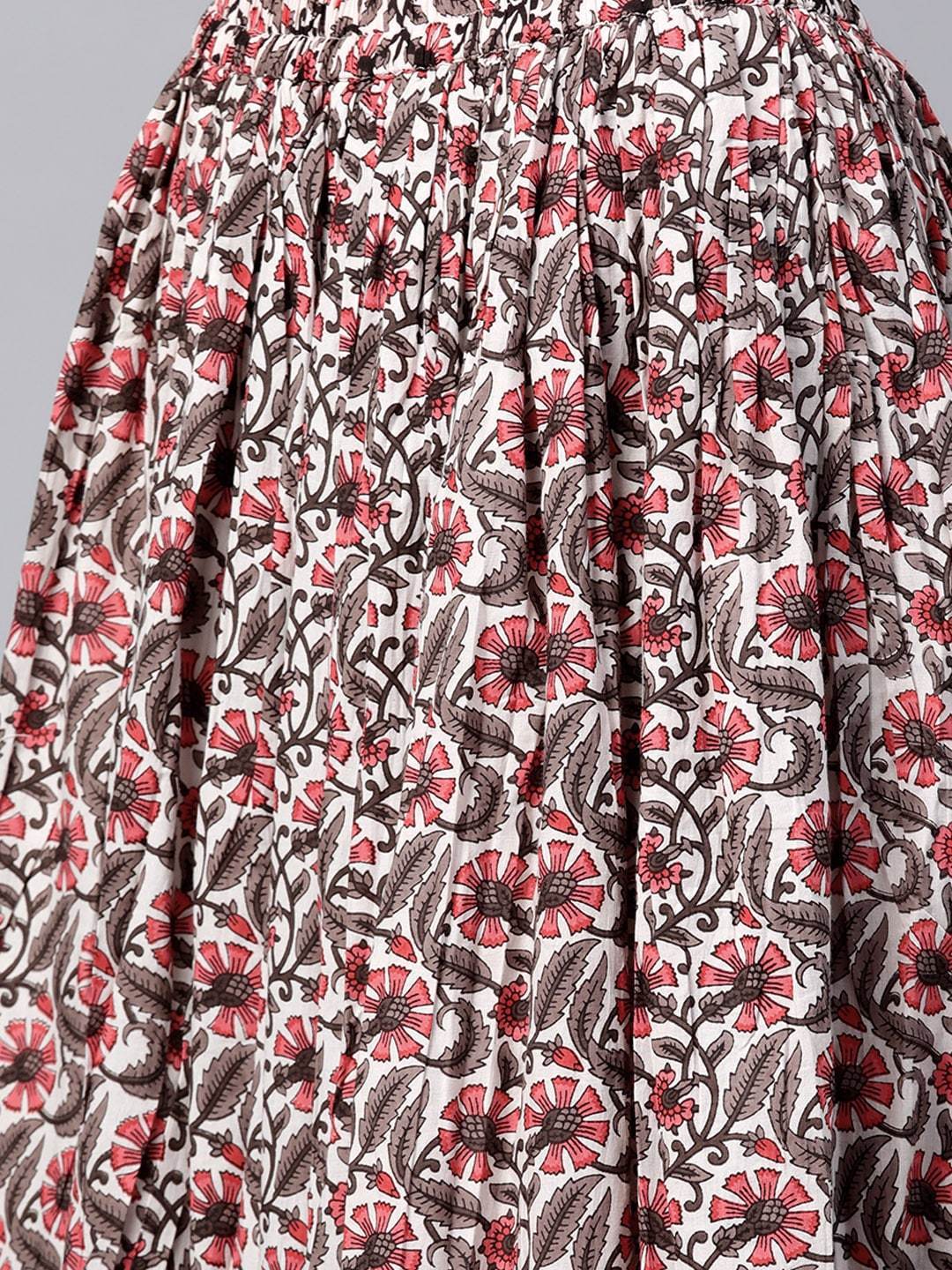 Women's  Off-White & Pink Printed Kurta with Skirt & Dupatta - AKS