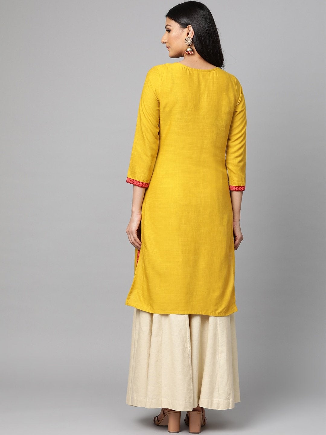 Women's Mustard Yellow & Pink Yoke Design Straight Kurta - Meeranshi