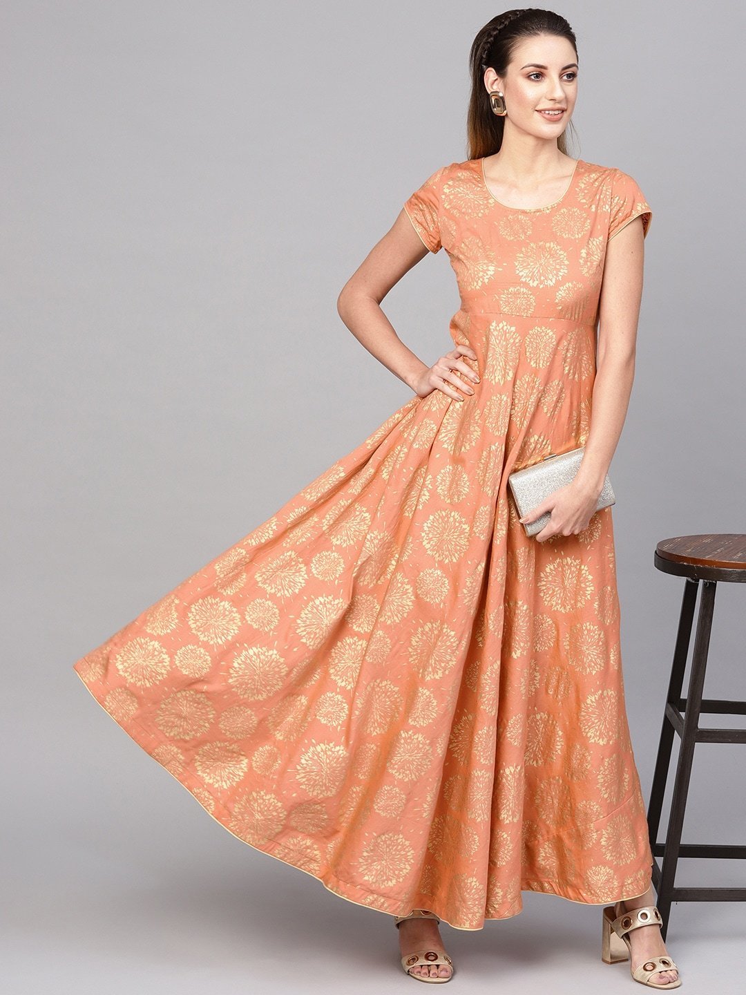 Women's  Peach-Coloured & Golden Printed Maxi Dress - AKS