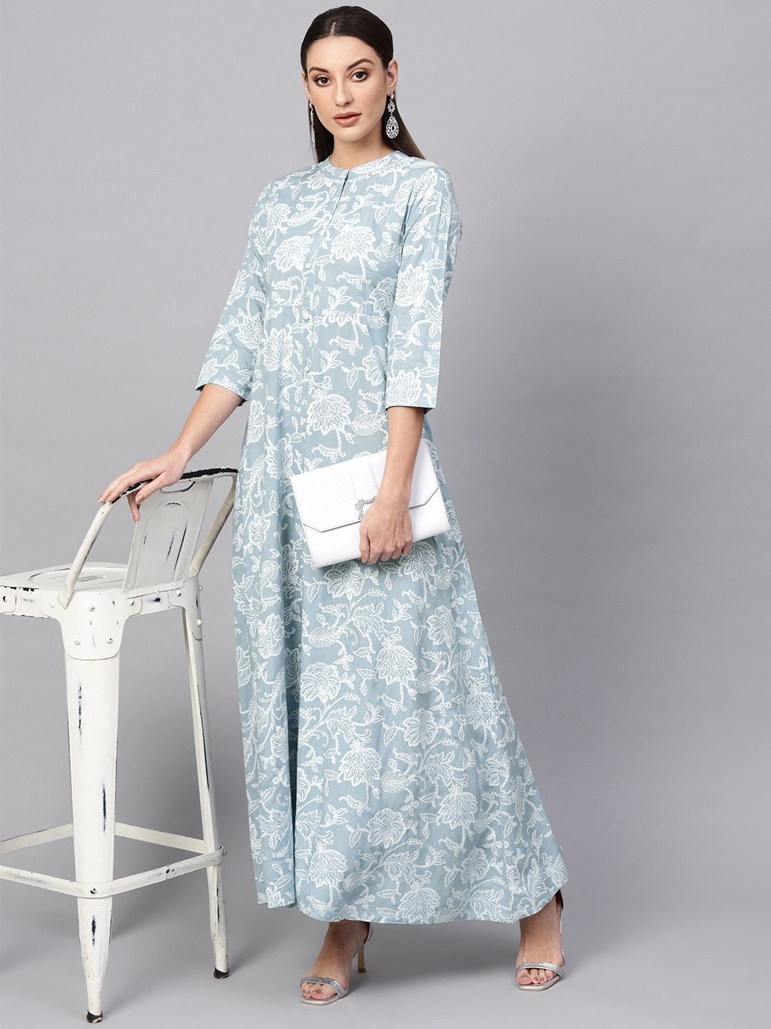 Women's  Blue & White Khari Floral Print Maxi Dress - AKS