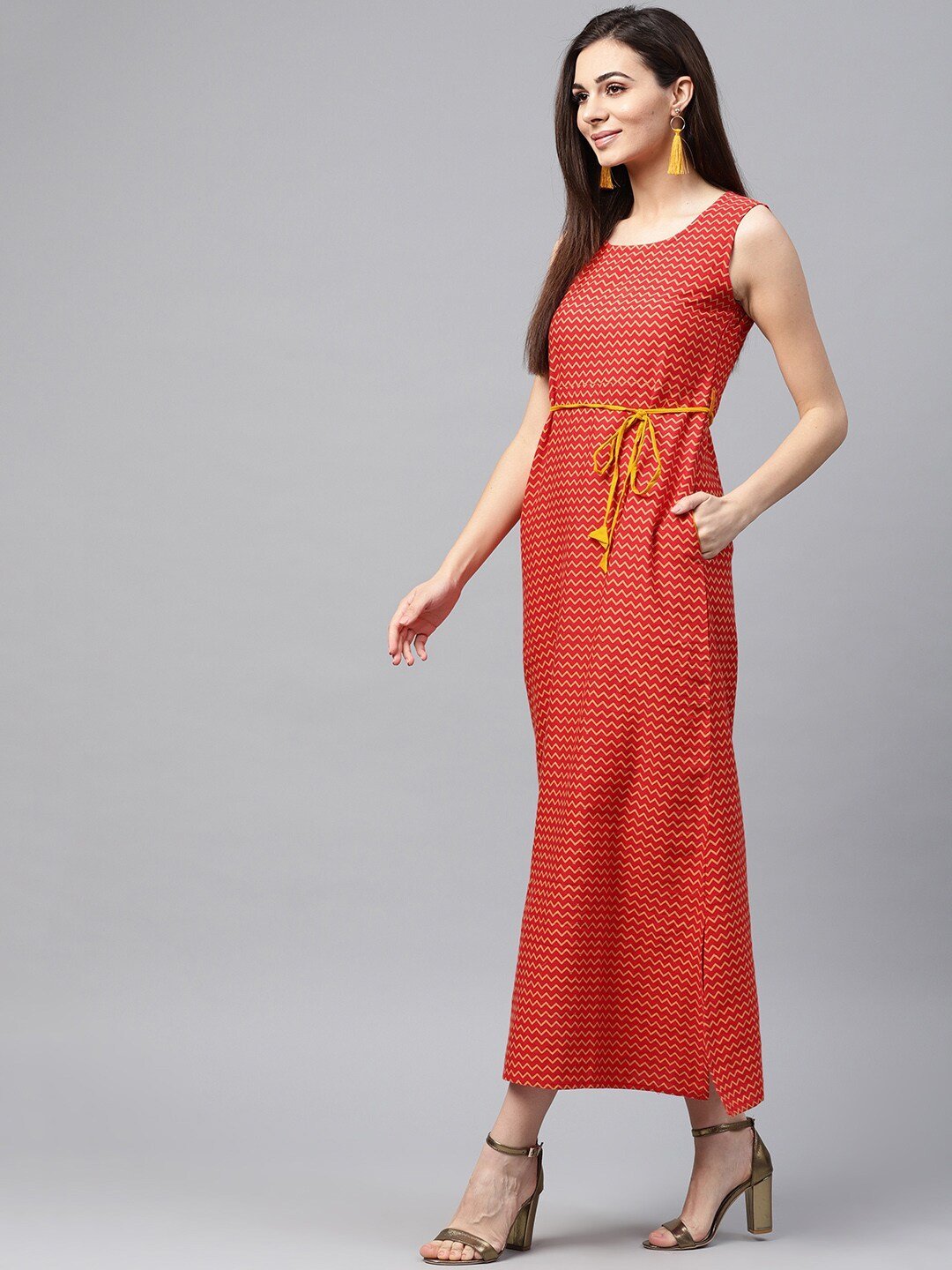 Women's  Red & Mustard Yellow Maxi Dress - AKS