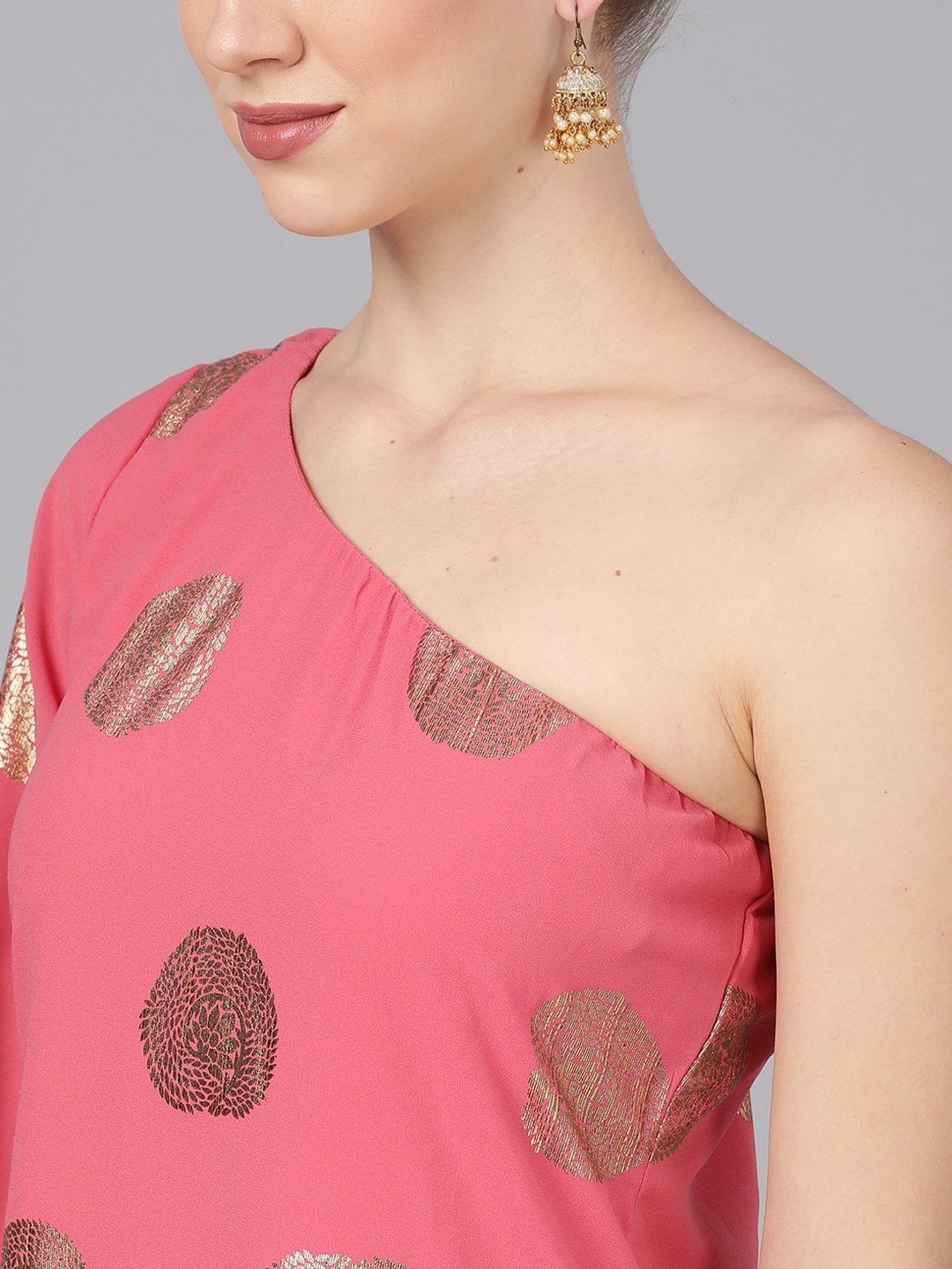 Women's  Pink & Gold-Coloured Foil Printed Kurta with Palazzos - AKS