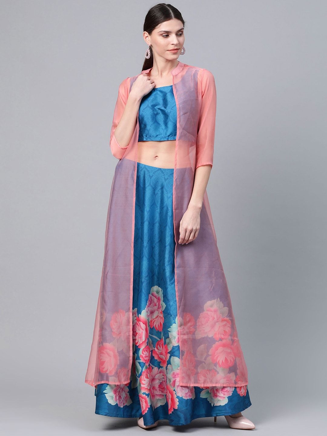 Women's Blue & Pink Floral Print Ready to Wear Lehenga Choli with Ethnic Layer -AKS