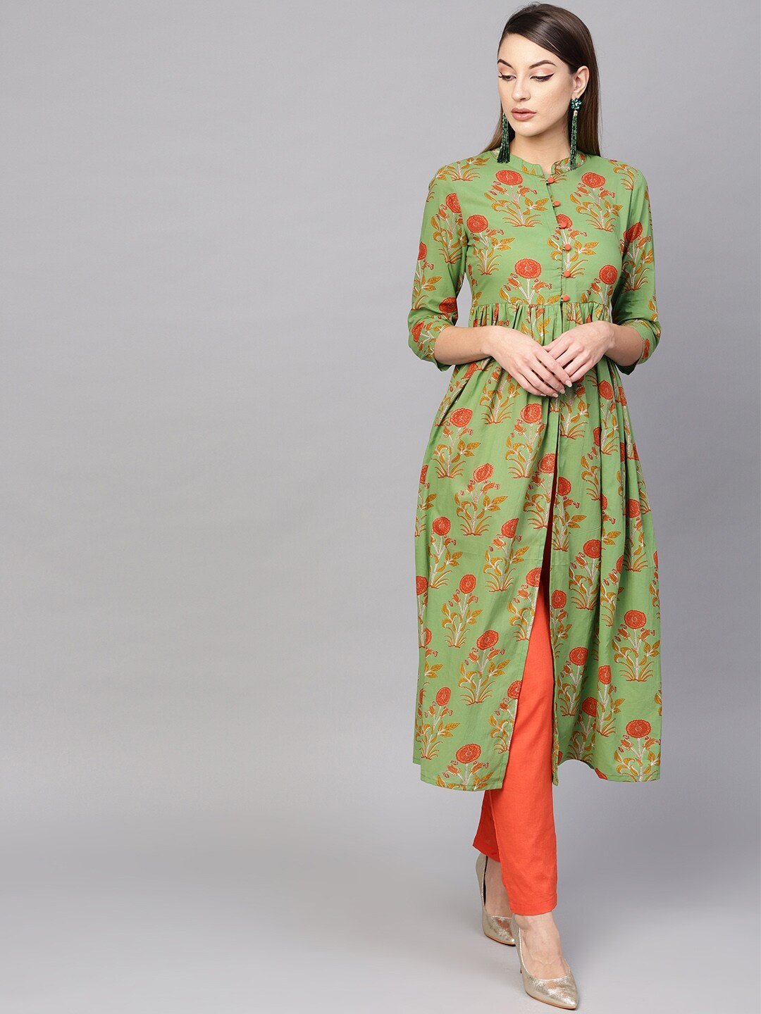 Women's  Green & Orange Printed High-Slit A-Line Kurta - AKS