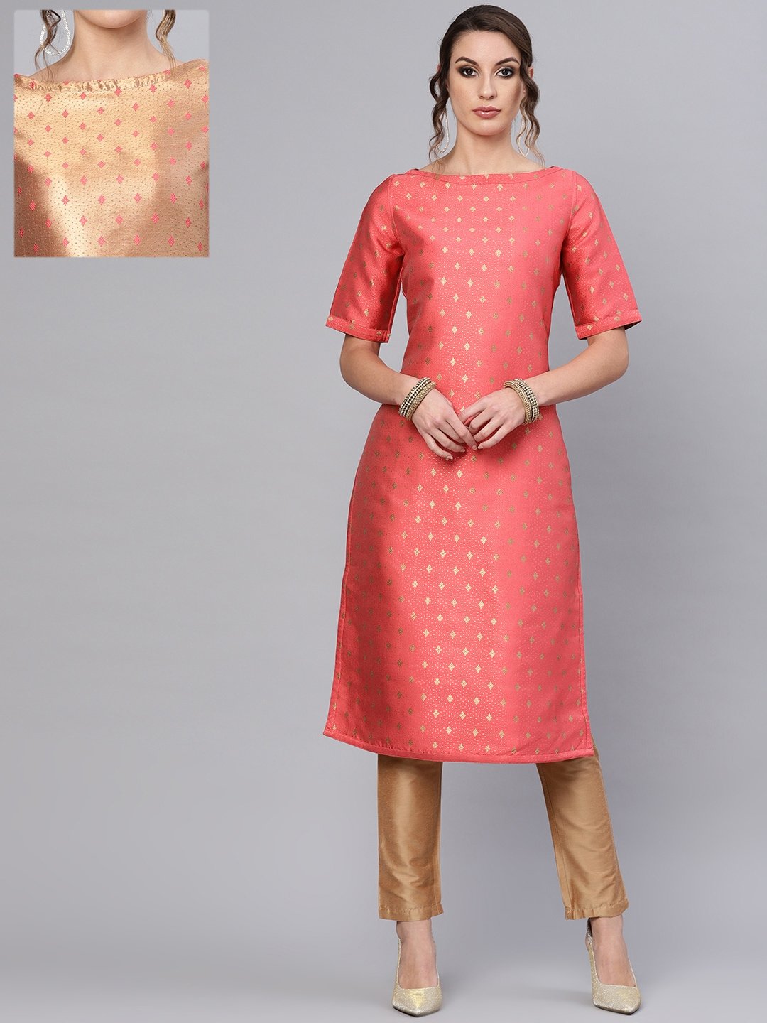 Women's  Coral Pink & Golden Reversible Woven Design Straight Kurta - AKS