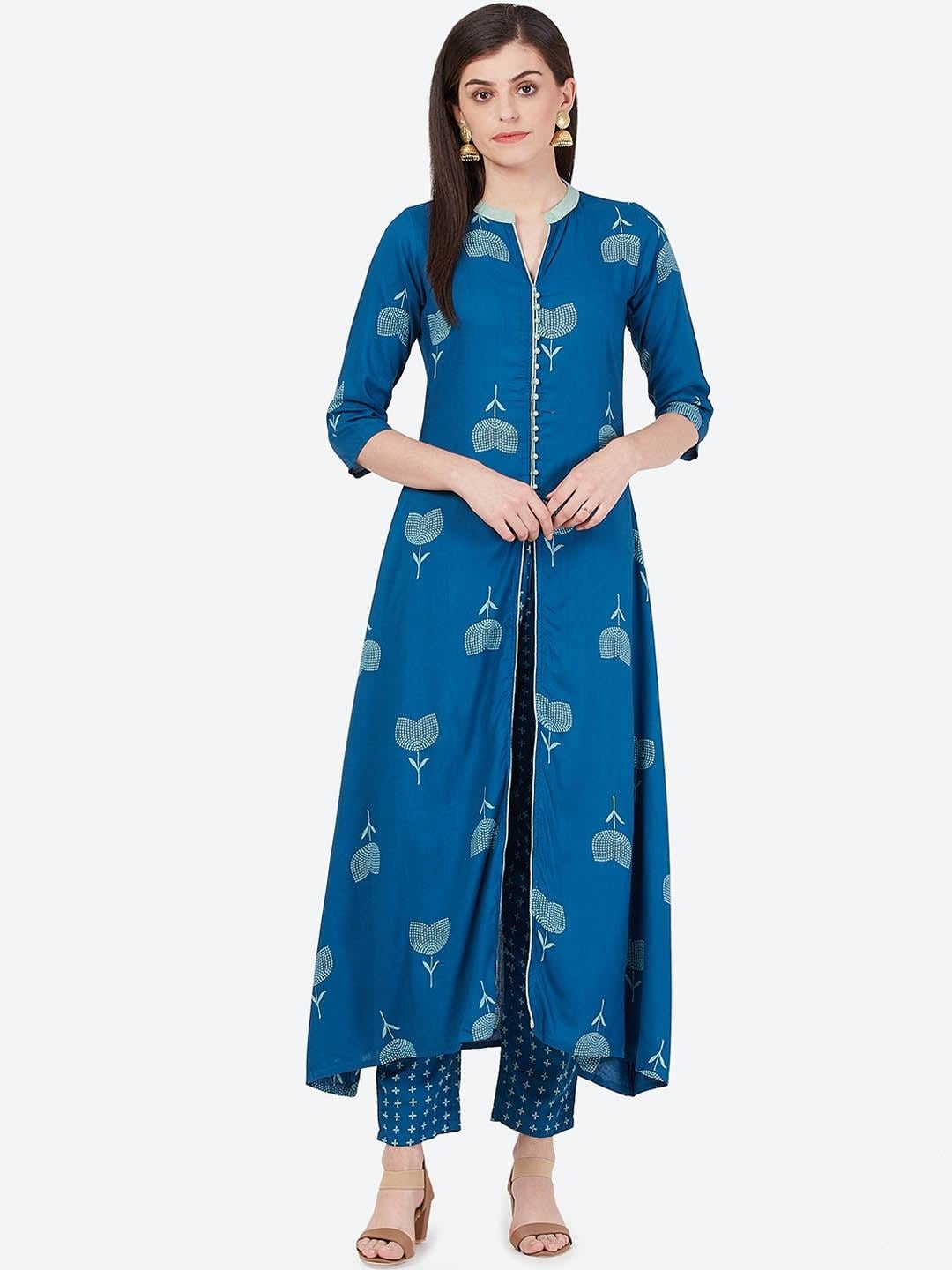 Women's Turquoise Blue Printed Kurta with Trousers - Meeranshi