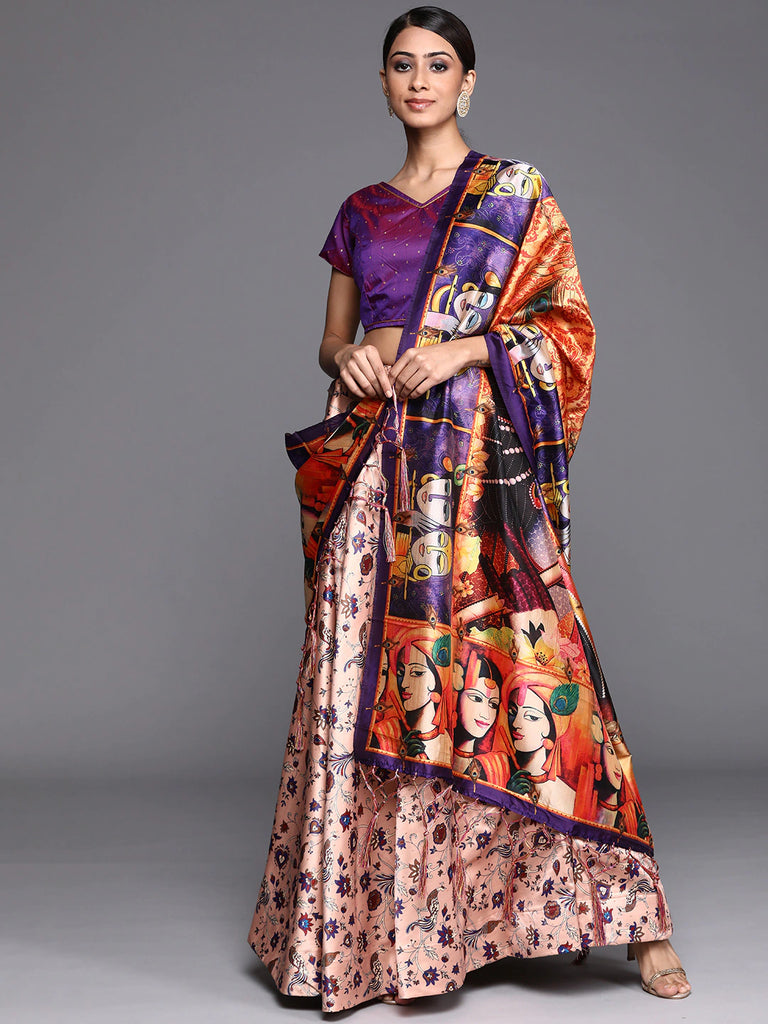 Women's Digital Print Shiney Satin Semistitched Lehenga Choli With Unstitched Blouse And Thred Work Dupatta