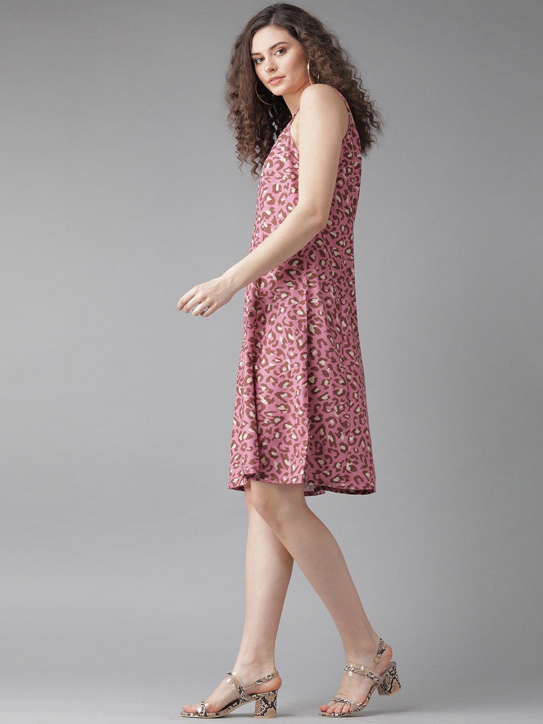 Women's  Pink & Brown Leopard Print A-Line Dress - AKS
