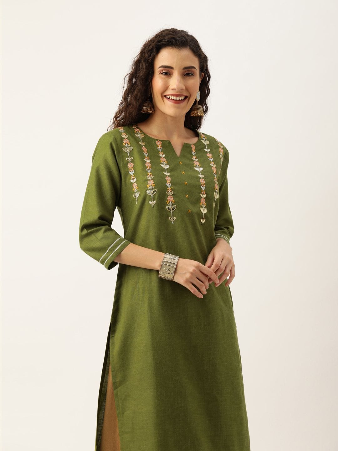 Women's Olive Green & Peach-Coloured Solid Straight Kurta With Embroidered Details - Varanga