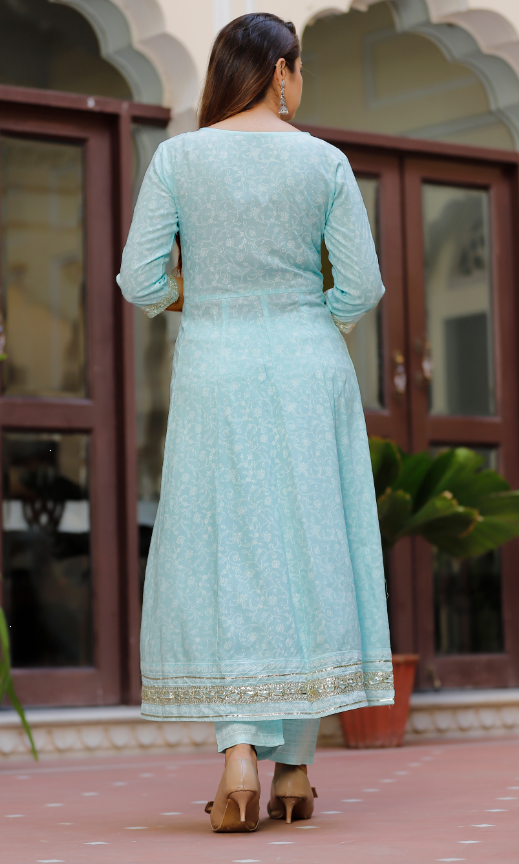 Women's Sky Blue Anarkali Embroidered Kurta With Pant And Dupatta Set