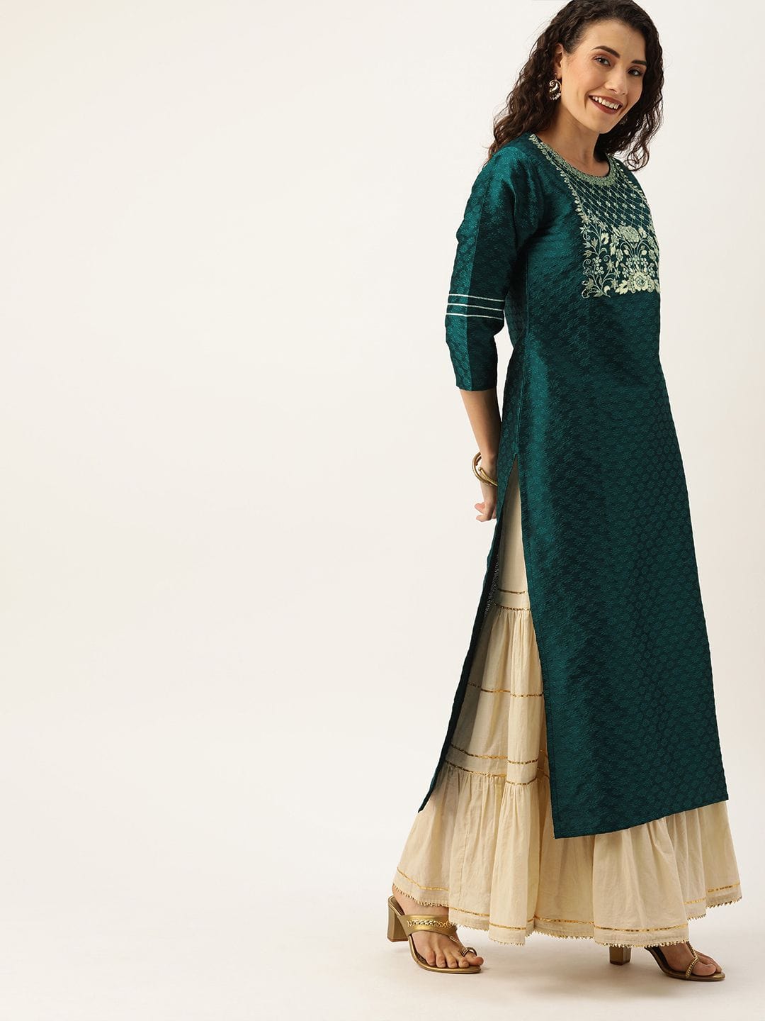 Women's Green & Silver-Toned Yoke Design Straight Kurta - Varanga