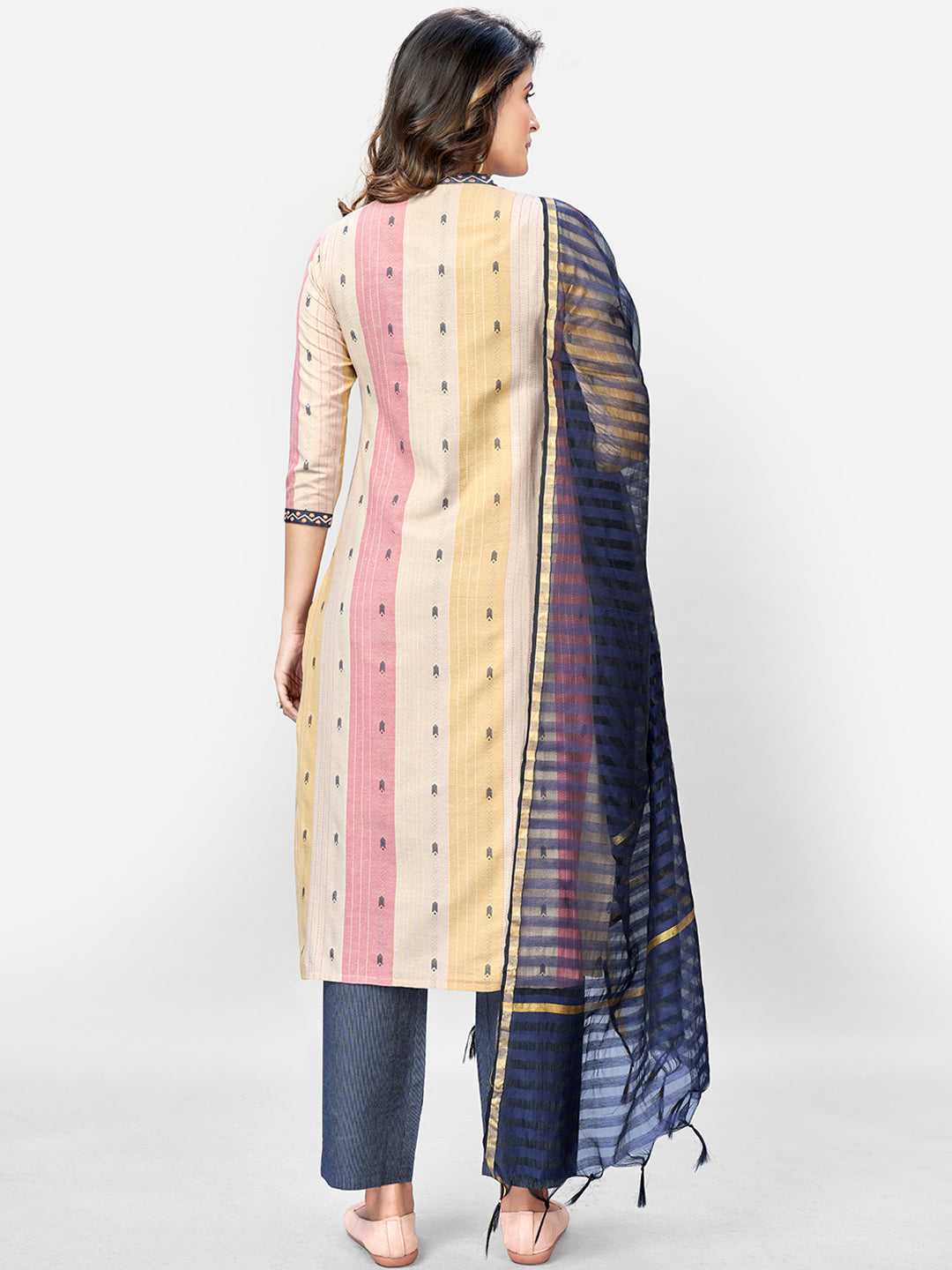 Women's Beige Multicolour Cotton Kurta With Pant & Dupatta By Vbuyz (3Pcs Set)