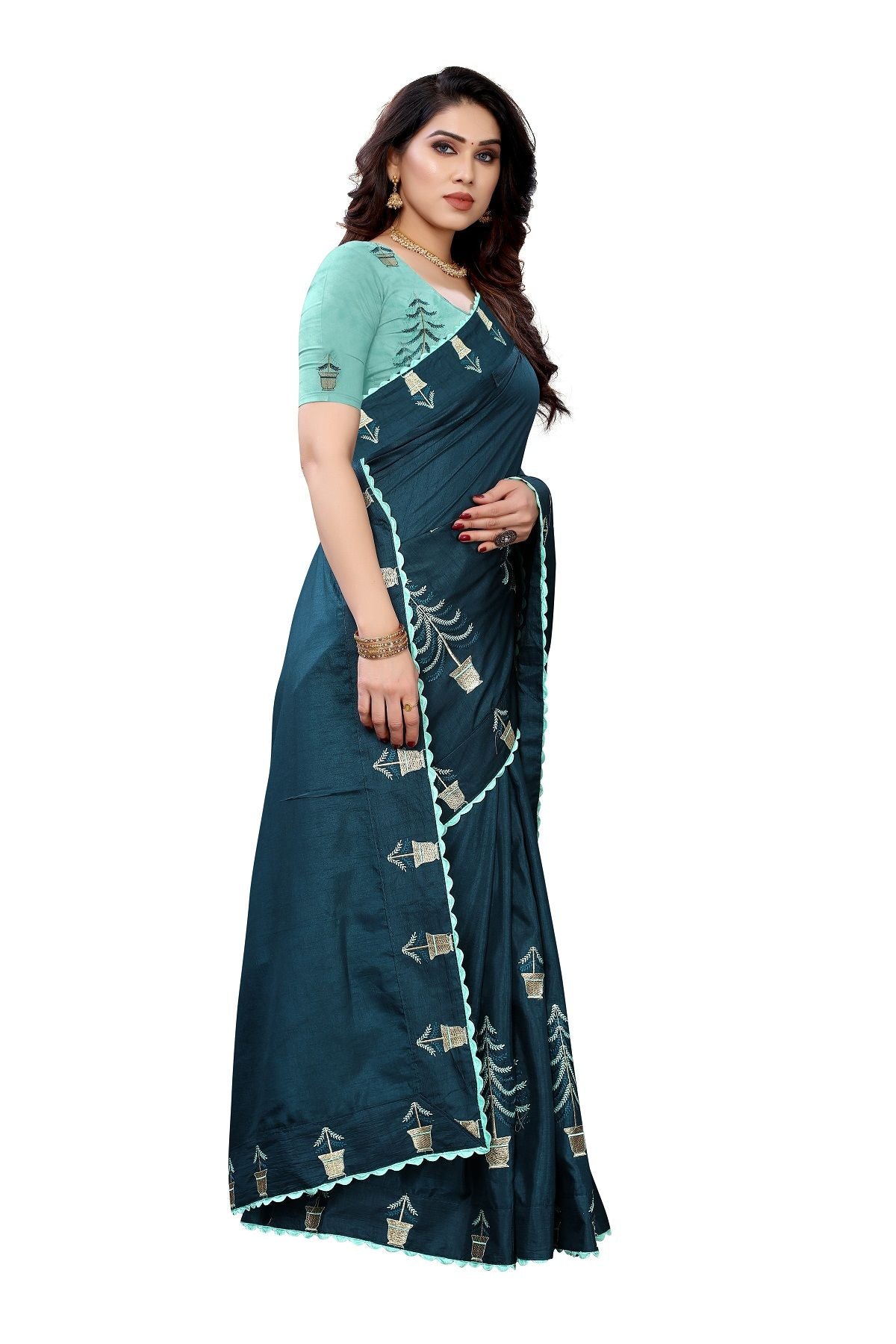 Women's Rama Green Dola Silk Embroidery Saree With Blouse Piece - Vamika