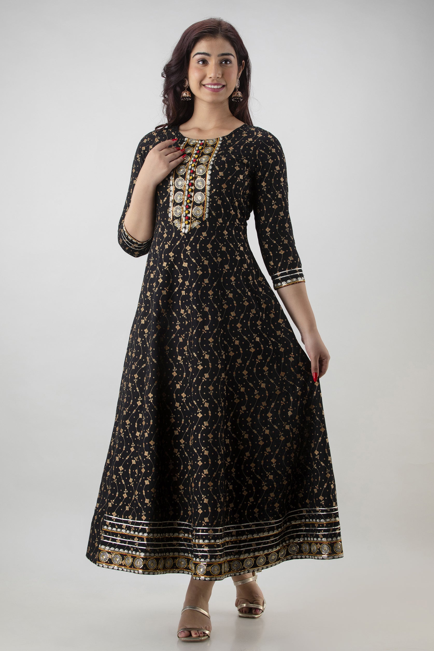 Women's Embroidered Viscose Rayon Anarkali Kurta (Black) - Charu