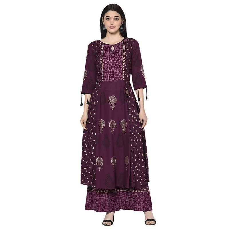 Women's Wine Rayon Block print Anarkali kurta