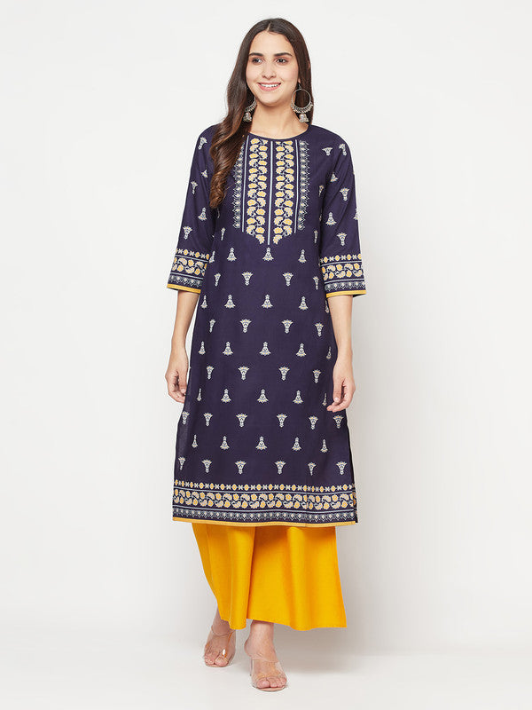 Women's Rayon Screen print straight kurta,Navy Bl