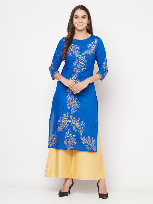 Women's Cotton Foil print straight kurta,Royal Bl