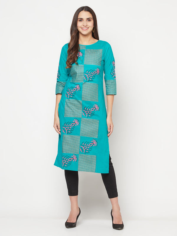 Women's Cotton Block print straight kurta,Turquoise-Aniyah