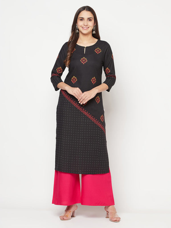 Women's Rayon Block print straight kurta,Bla