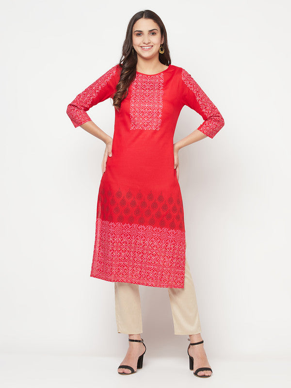 Women's Cotton Block print straight kurta,Red-Aniyah