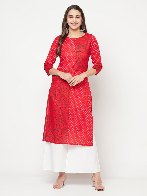Women's Cotton Block print straight kurta,Red-Aniyah