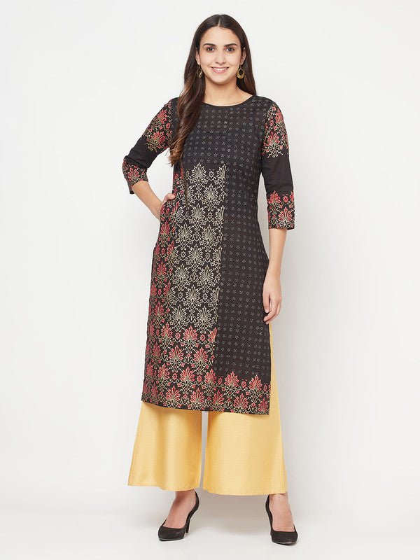 Women's Cotton Block print straight kurta,Bla