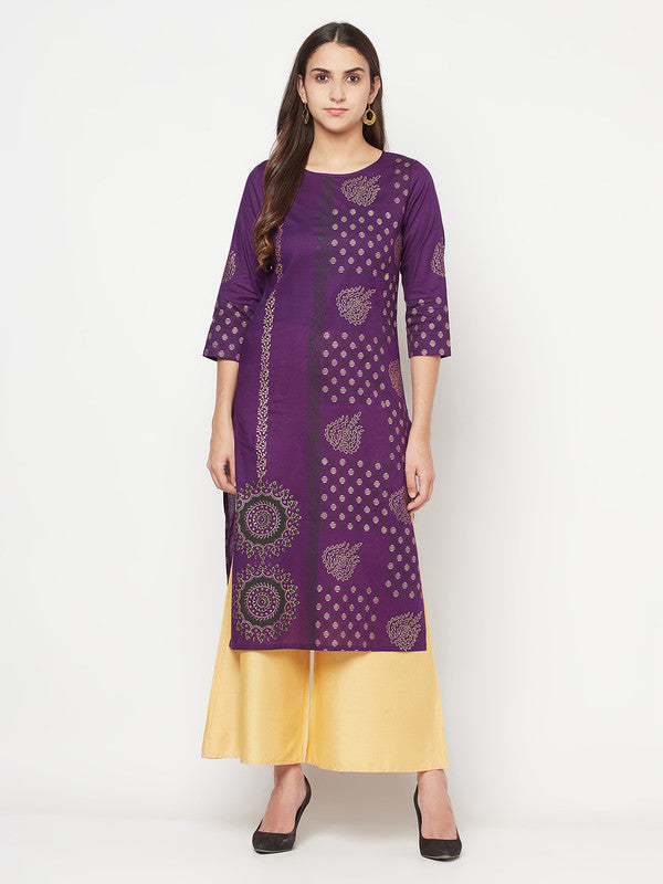 Women's Cotton Foil print straight kurta,Purple-Aniyah