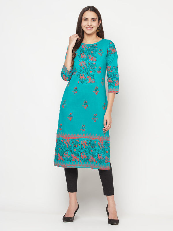 Women's Cotton Block print straight kurta,Turquoi