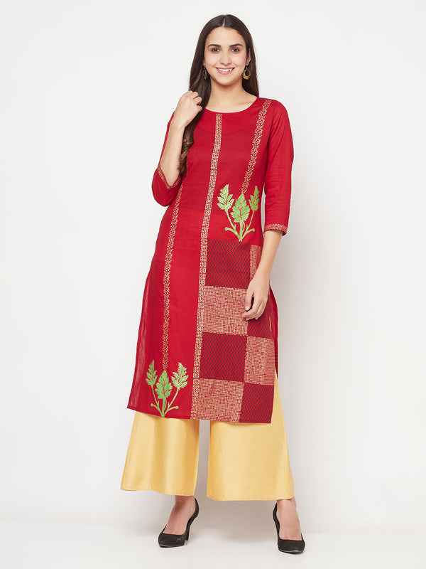 Women's Cotton Foil print straight kurta,Maroon-Aniyah
